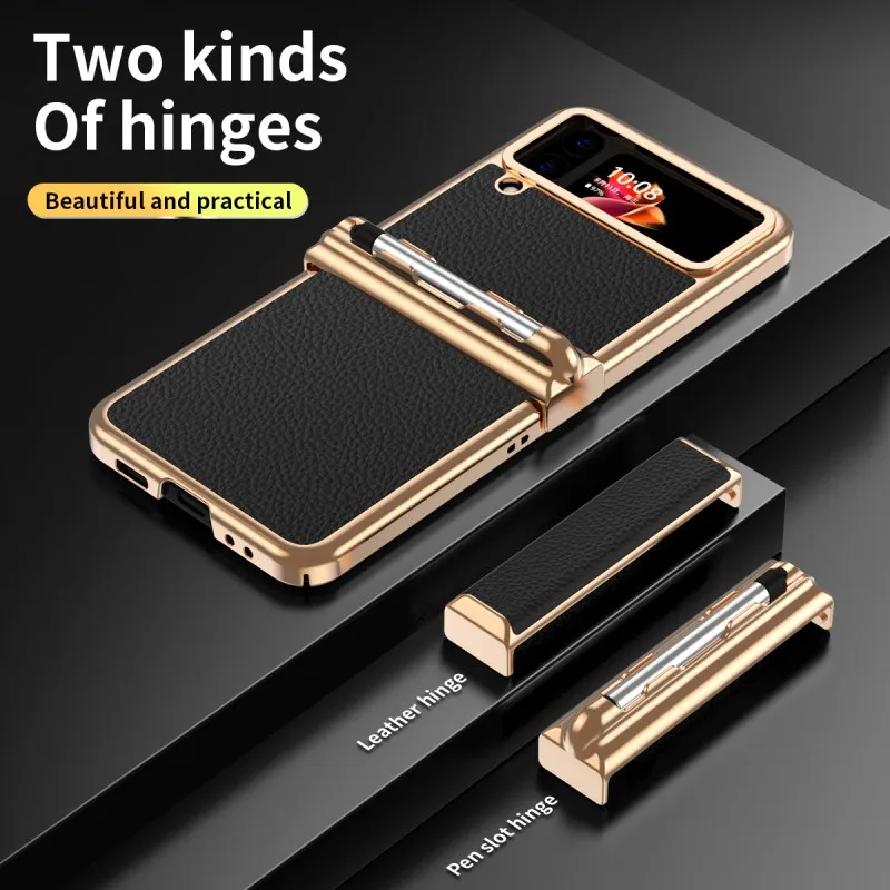 

Plating PC Leather Case for Samsung Z Flip 4 Luxury Hinge Protective Folding Cover for Samsung Galaxy Z Flip 3 4 Touch S Pen