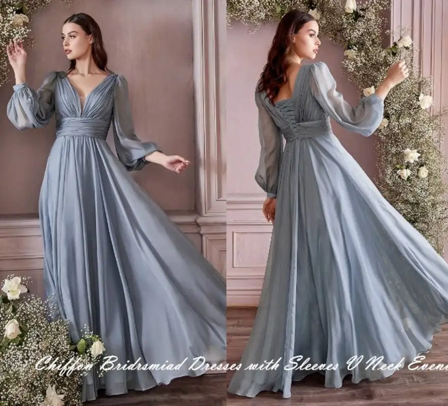 Vestidos largos de chiffon de cuello en Y para damas de honor Malva Vintage