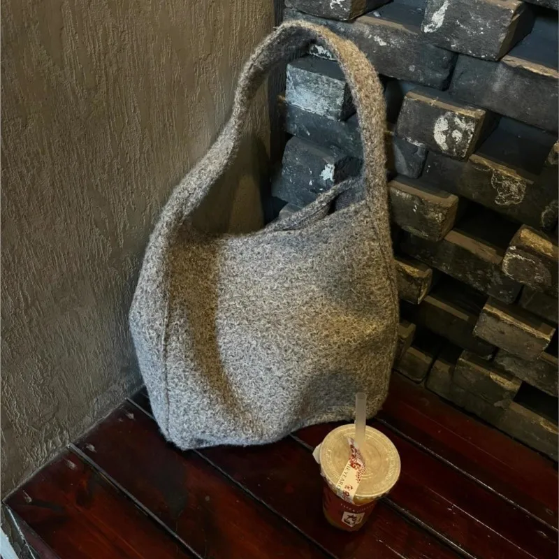 Korean Gray Wool Tote Bag Women Minimalist Design Large Capacity Shoulder Bags Ladies 2025 New Autumn Winter Casual Underarm Bag