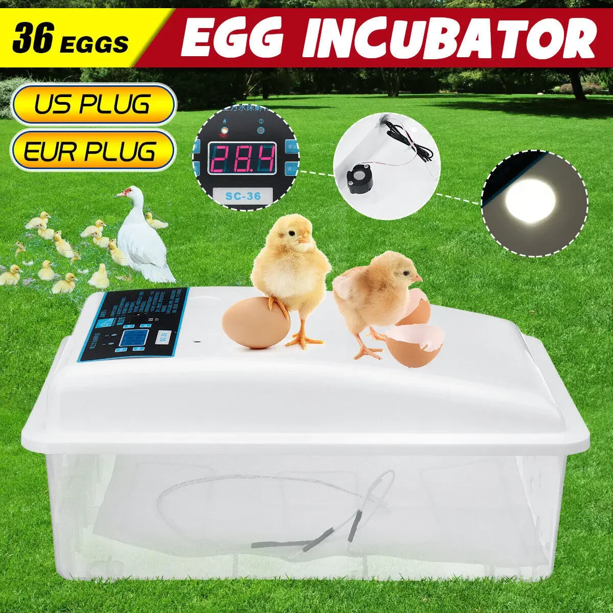 

36 Eggs Incubator with Hatcher Digital Automatic Mini Egg Incubators for Chicken Eggs Waterbed Replenishment Temperature Control