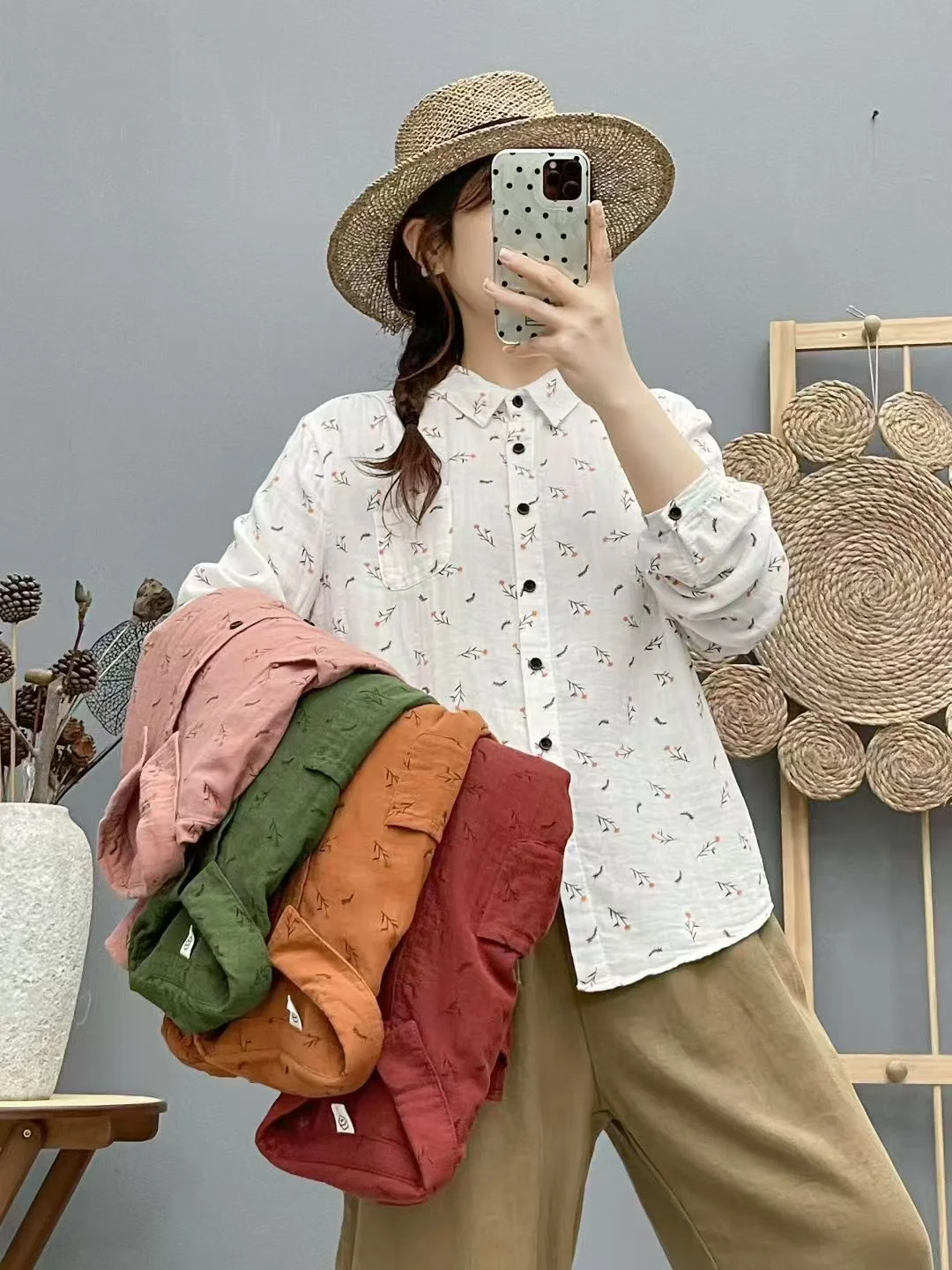 Autumn Clothing Woman Rustic Flower White Pink Green Red Shirts Pure ...