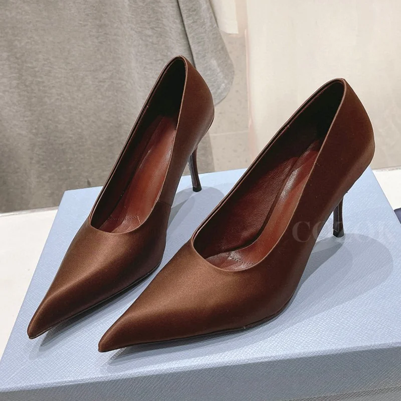 

Spring Autumn Women High Heels High-Quality Satin Material Banquet Female Pumps Shallow Mouth Pointed Toe Single Shoes 2024 New