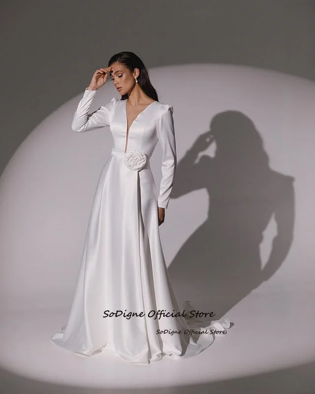 SoDigne A-line Elegant Wedding Dresses V-neck Full Sleeves Stain Bridal Dress Long Bridal Gown vestidos de novia 2025 Customized 15 S4fccdccf886443f18ea9e9795b686fe3z