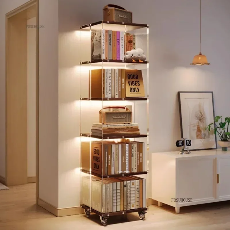 Nordic Acrylic Rotating Bookcases Movable Bookshelf Storage Rack Multi-functional Creative Living Room Book Shelf Display Stand