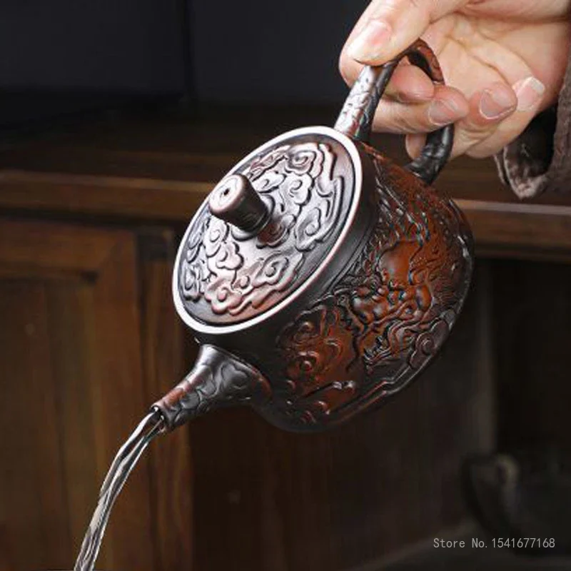 Chinese Style Kongfu Relief Pattern Teapot Tray Set Home Office Living Room Supplies Pure Handmade Ceramics Retro Xishi Tea Pots