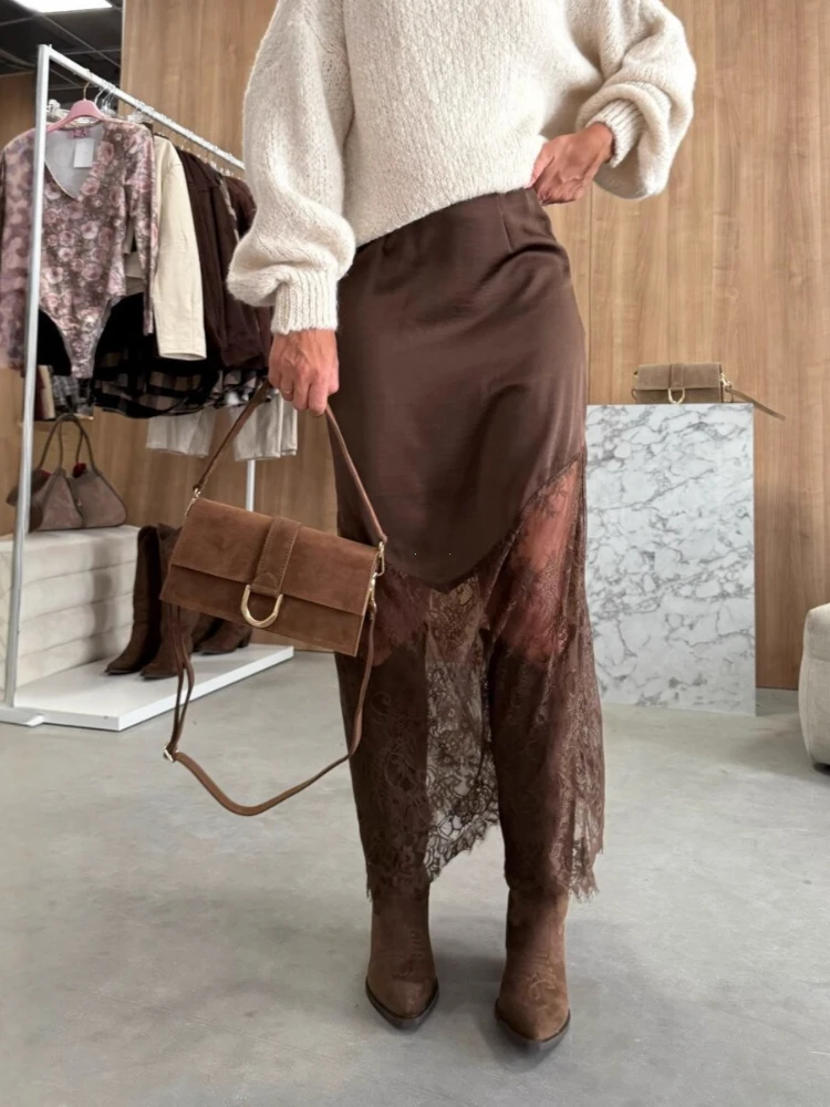 Women Patchwork Lace Skirts 2025 New High Waist Slim Hollow Out Maxi Skirts Autumn Brown Fashion Party Club Boho Skirt
