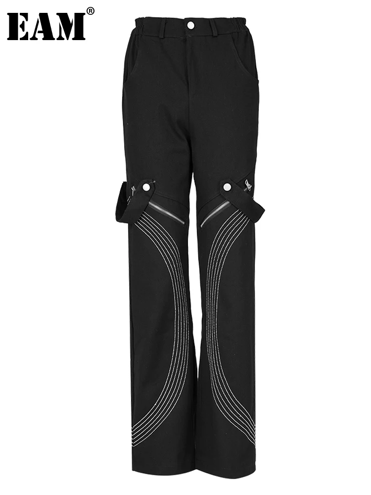 

[EAM] High Waist Black Embroidery Pockets Casual Long Pants New Loose Fit Trousers Women Fashion Tide Spring Autumn 2024 1DF6389