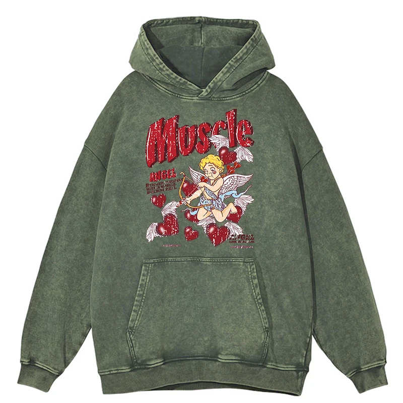 thumbnail image 1 of Sudadera holgada con capucha para hombre, estilo retro, desgastada, con diseño de ángeles que disparan flechas al amor, estilo hip hop, otoño, 100 % algodón, 1 of 4