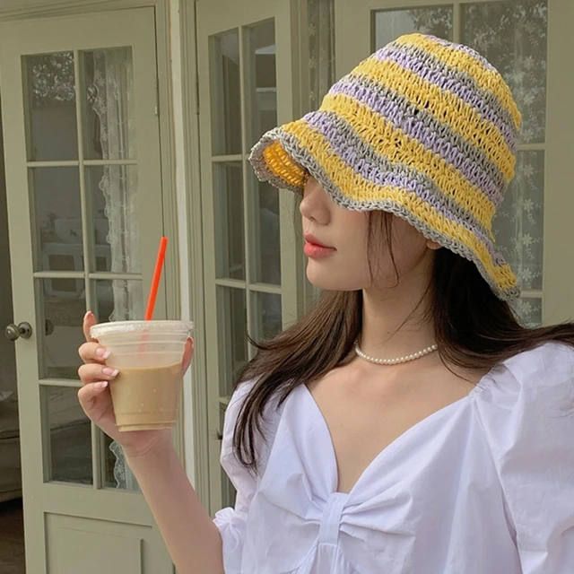 Woman Wide Brim Straw Weaving Hat Vacation Rainbow Color Hat