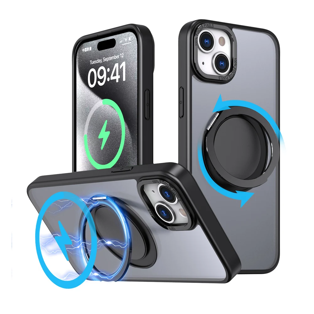 Keysion stoß feste matte Hülle für Magsafe für iPhone 15 Pro Max 14 13 12 11 360 ° rotierende magnetische Ring transparente Telefon abdeckung – Detail 14
