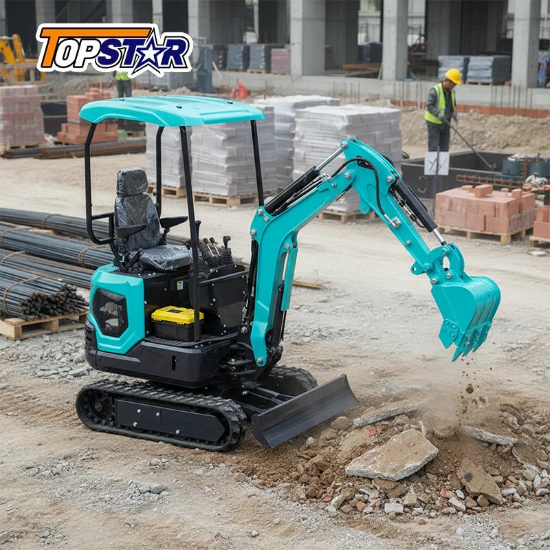 Multifunktionaler Mini-Bagger 1,3 Tonnen Dieselbetriebener Kleiner Bagger mit Rechen-Aufsatz für Gartenplanierung