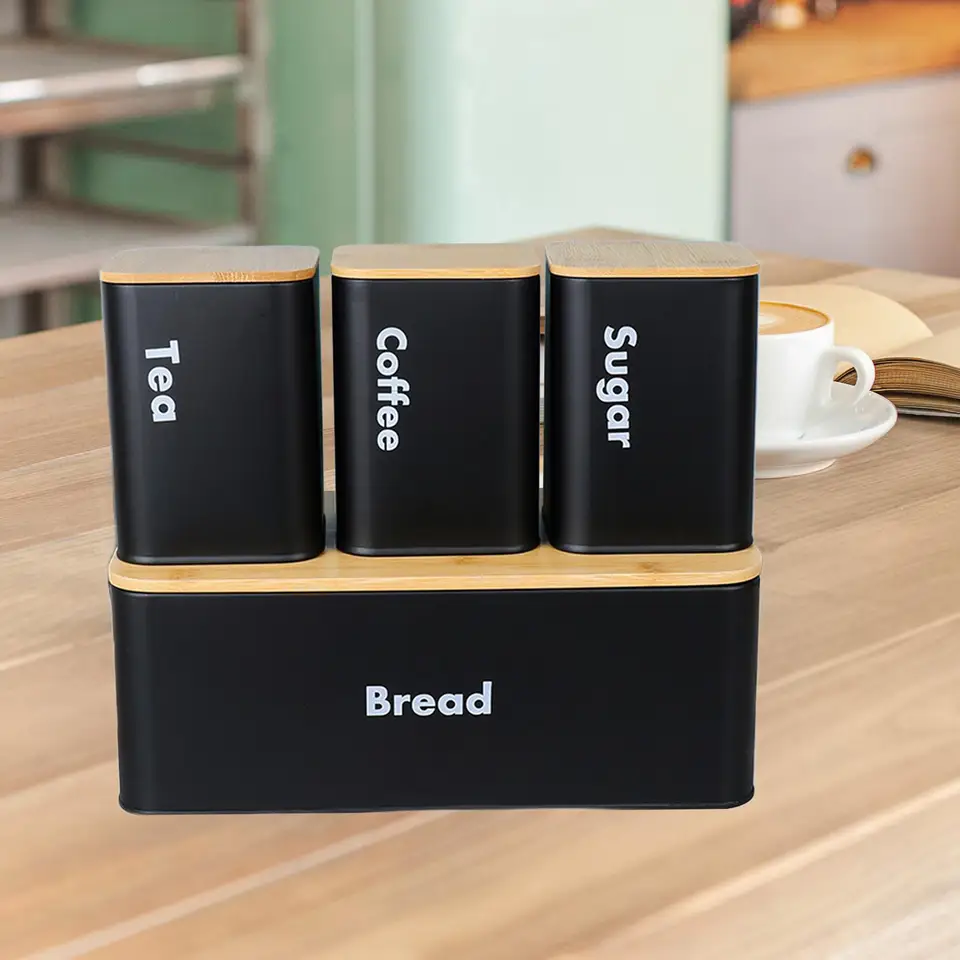 Set Contenitori Da Cucina In Bambù E Ferro: Portapane E 3 Barattoli Con Scritta Sugar, Tea, Coffee, Design Vintage 36x25x18 Cm