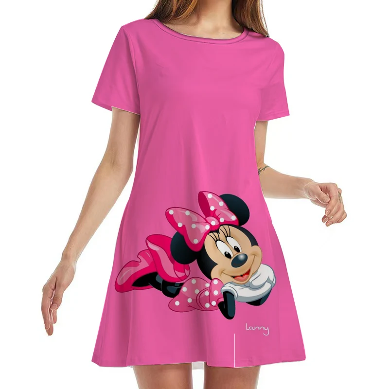 2022 New Disney Summer Women's Short Sleeve Round Neck Over Knee Dress Sexy Nightclub Mickey and Minnie Anime Print Y2K