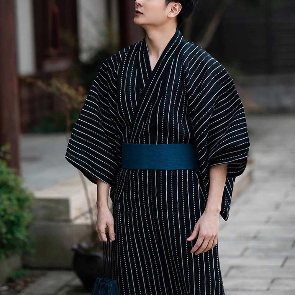 NEW Japanese Traditional Samurai Kimono For Men Yukata Bathing Robe Hekoobi Loose Style Sauna Homewear Belt Long Gown Clog