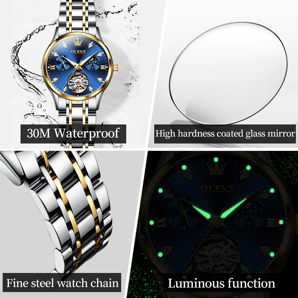 OLEVS 6608 Automatic Mechanical Watch For Women Deep Waterproof Luminous Moon Phase Hand Clock Original Luxury Women's Watches 6