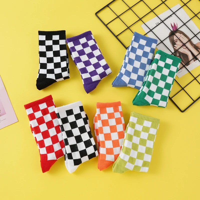 Children Socks Checkboard Harajuku Street Fashion Black White Squares Pattern Plaid Novelty Funny Cotton Sock For Boys and Girls 2