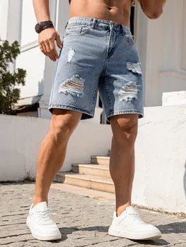 2026 Men's Summer Loose Fit Blue Distressed Denim Shorts All Occasion Wear Casual/Party/Vacation Versatile Trendy Men's Pants Ripped Jeans Size XS-XL