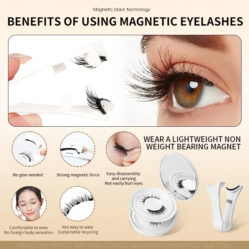 2pairs Magnetic False Eyelashes Glue-Free Mink False Eyelashes Natural Nude Makeup With Mirror Reusable Beauty