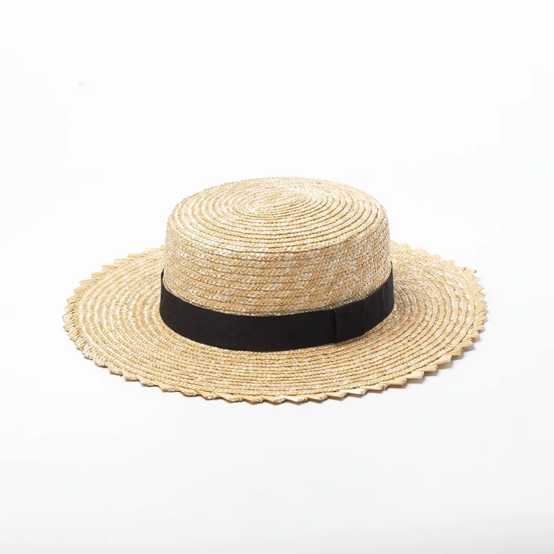 

X274 Adult Wheat Straw Hat Wave Edge Sun Hat Flat Top Ribbon Decorative Sunshade Beach Cap Flat Top Summer Hat Jazz Caps