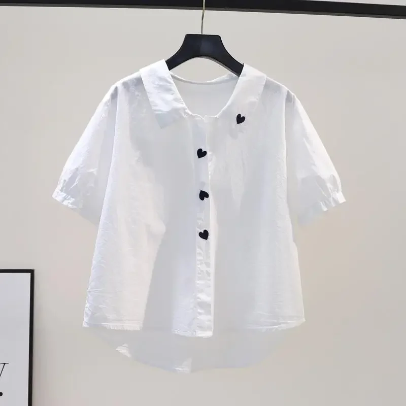 

White Blouse Women Turndown Collar Embroidery Cotton Shirts Loose Fashion Sweet Summer Blouses Tops V305