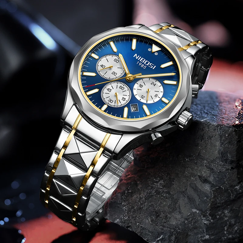 NIBOSI Brand Luxury Chronograph Watch for Men Stainless Steel Waterproof Luminous Date Quartz Watches Mens Relogio Masculino
