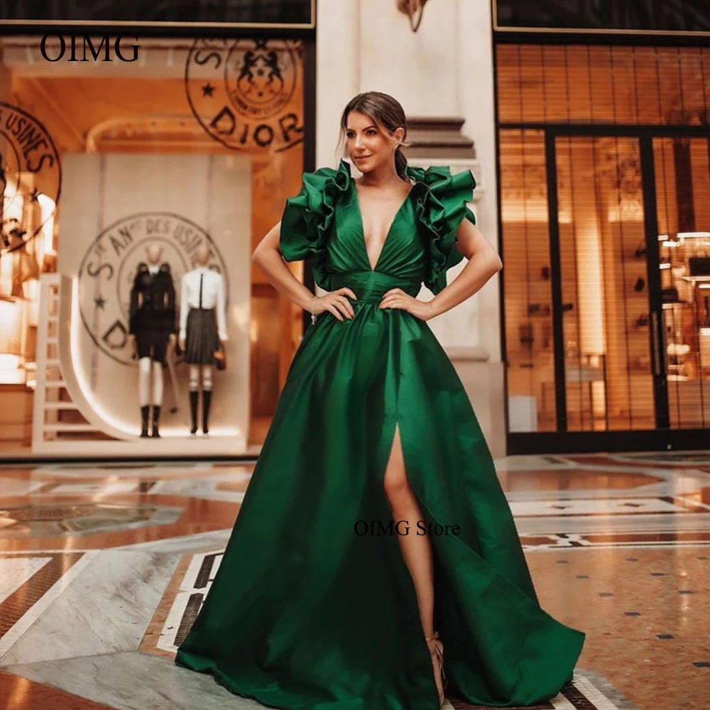 

Modern Silk Green Satin Formal Evening Dresses Women V Neck Ruffles Front Slit Dubai Women Prom Gowns Event Occasion Dress