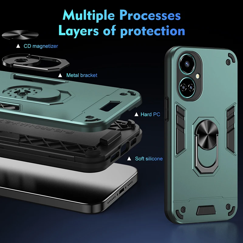 Full Body Rugged Protective Phone Cover with Magnetic Ring Stand and Armor Design