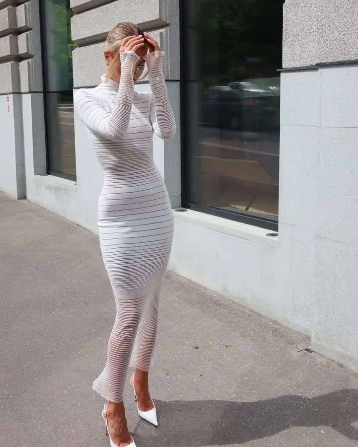 Elegant Long Sleeved Sweater Knit Dress Women Stretch Tight Striped Bodycon Party Evening Dress Fashiona Street Vestido