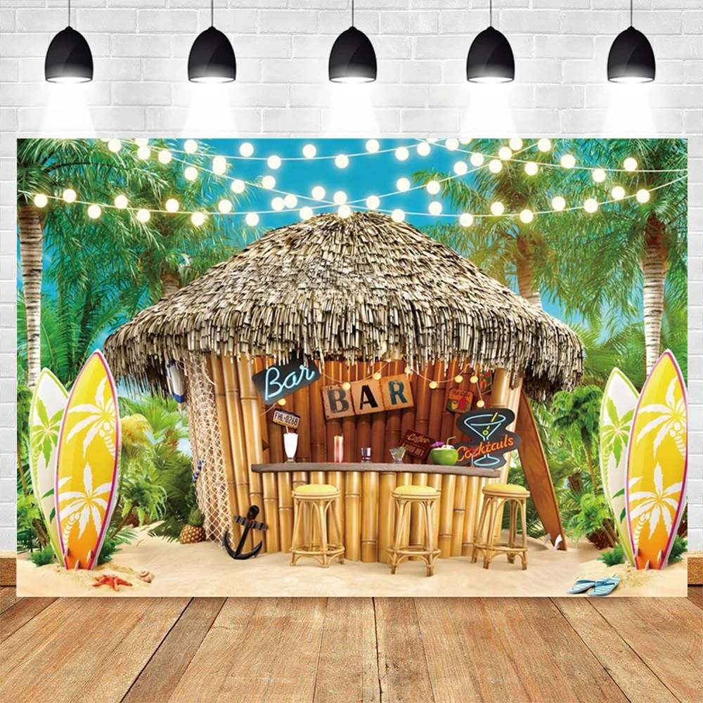 Photo Backdrop Summer Tropical Beach Backdrop Hawaiian Luau Aloha Party Seaside Camping Surfboard Ocean Palm Flamingo Photography Background