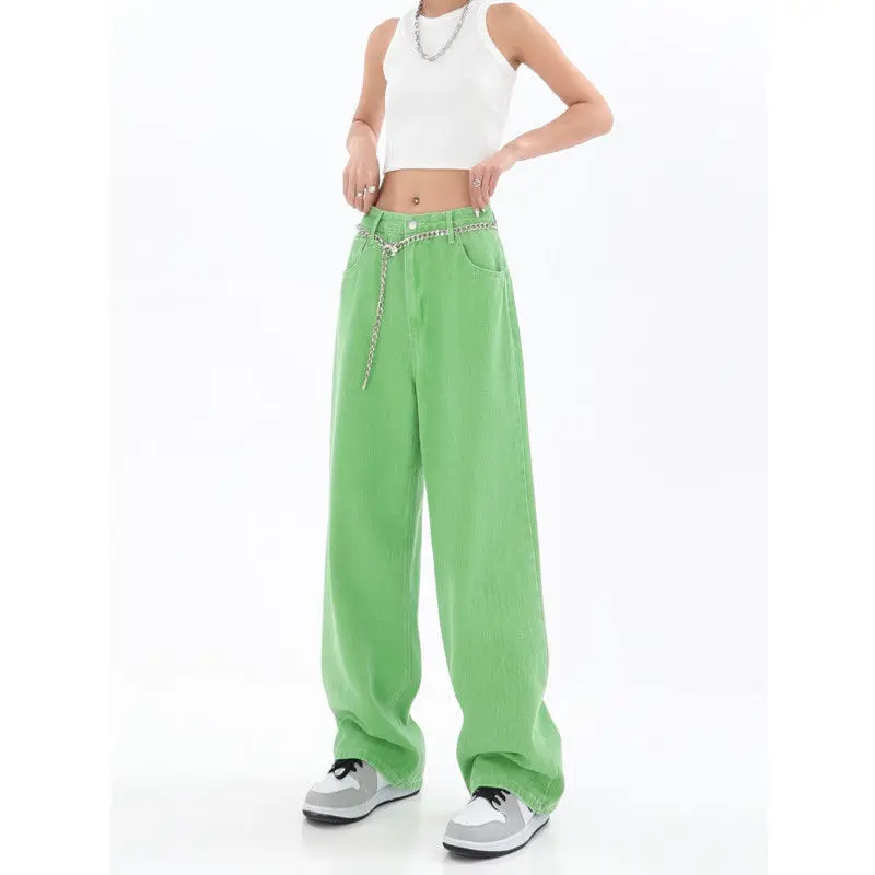 

Korean Style New Arrival Autumn Women Loose Cotton Denim Full Length Pants Button Fly Waist Straight Casual Green Jeans V647