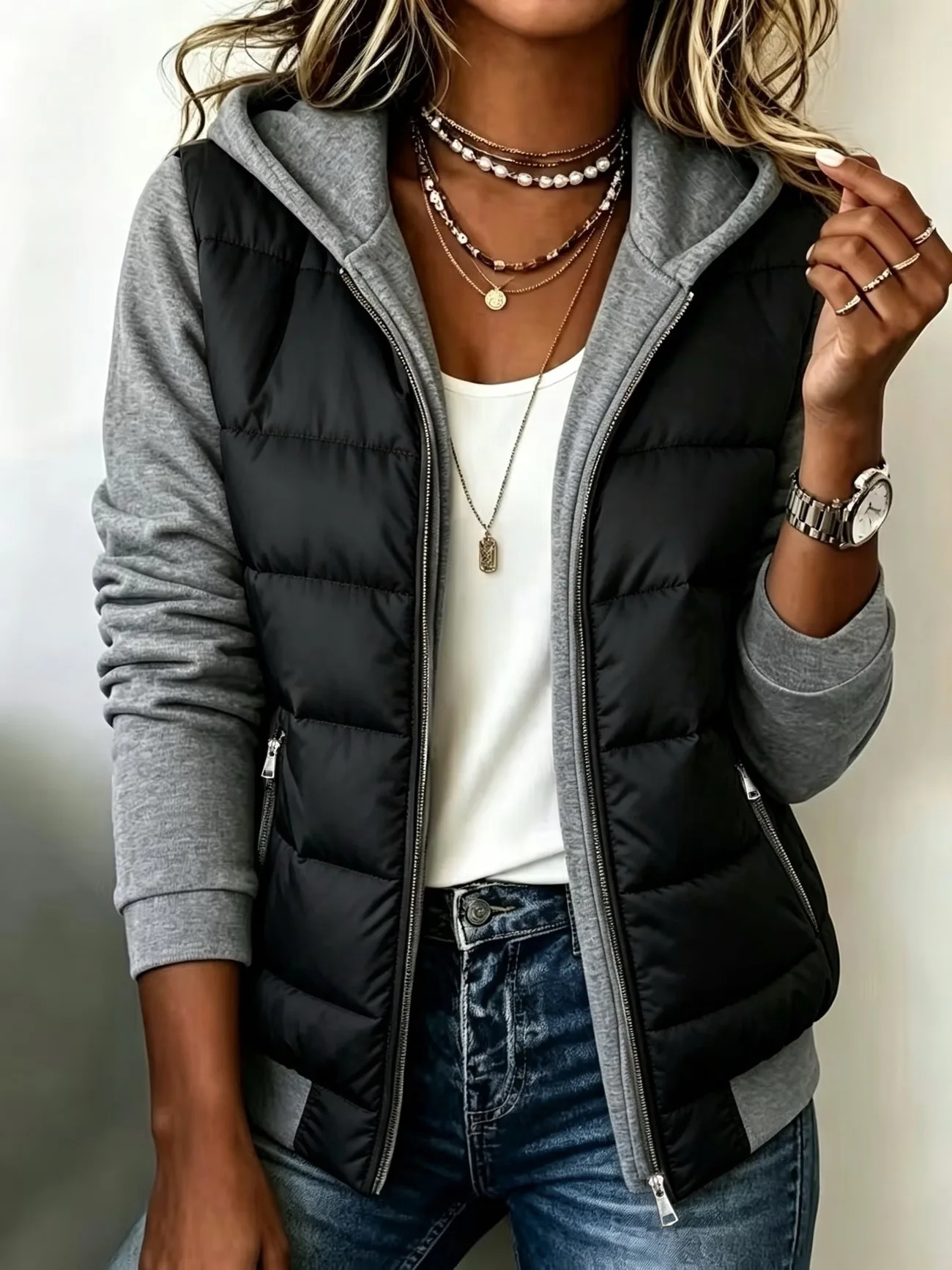 Women's Color Block Hooded Puffer Jacket -Quilted Zip Up Coat with Contrast Sweatshirt Sleeves, Casual Lightweight Winter Outer