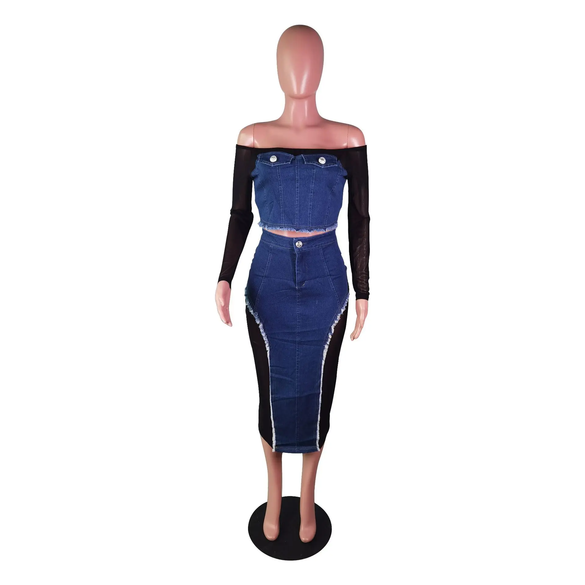 Women Denim Patchwork Mesh Off Shoulder Long Sleeve Crop Top and Midi Skirt Sets 2023 Fashion Elegant Two 2 Piece Set Outfit