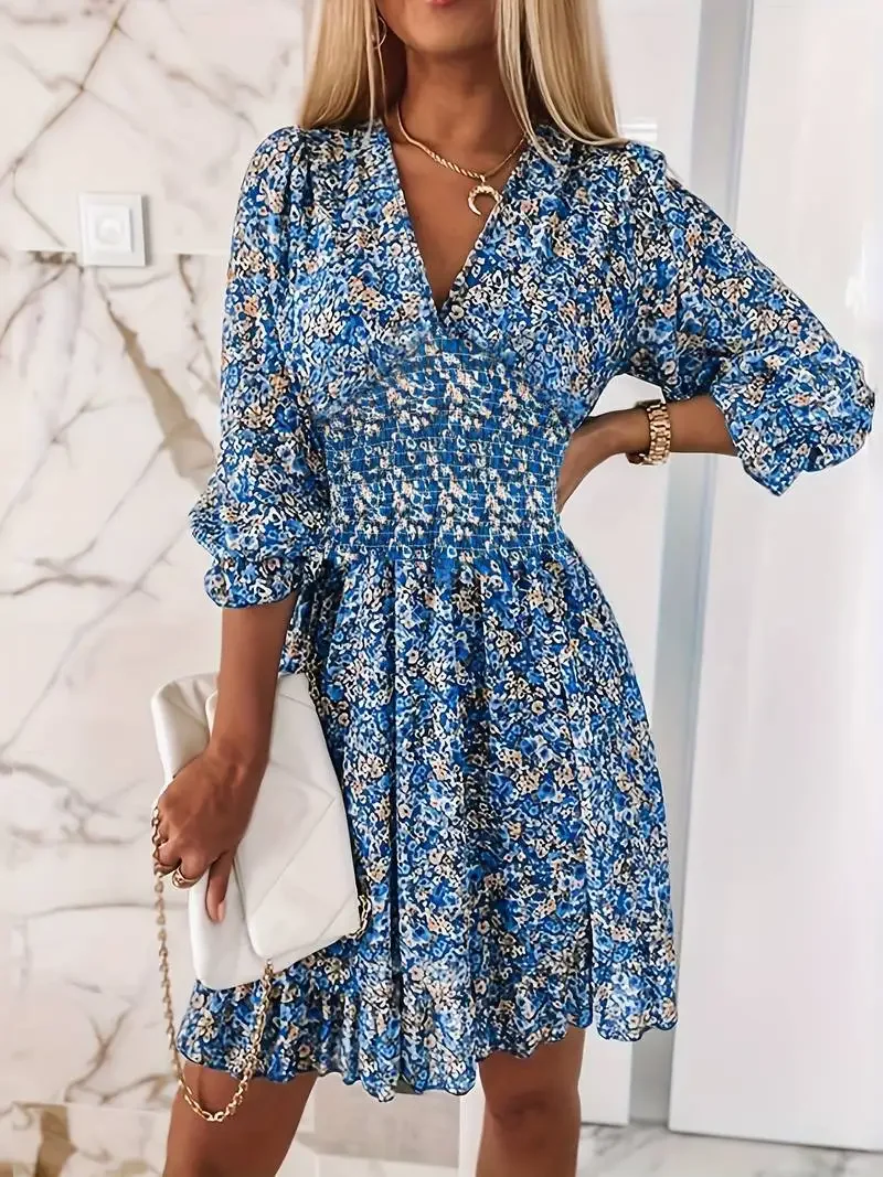 thumbnail image 1 of Jersey de comercio europeo americano transfronterizo de verano, vestido de longitud media, mangas con estampado bohemio, falda de flores fragmentadas para mujer, 1 of 4