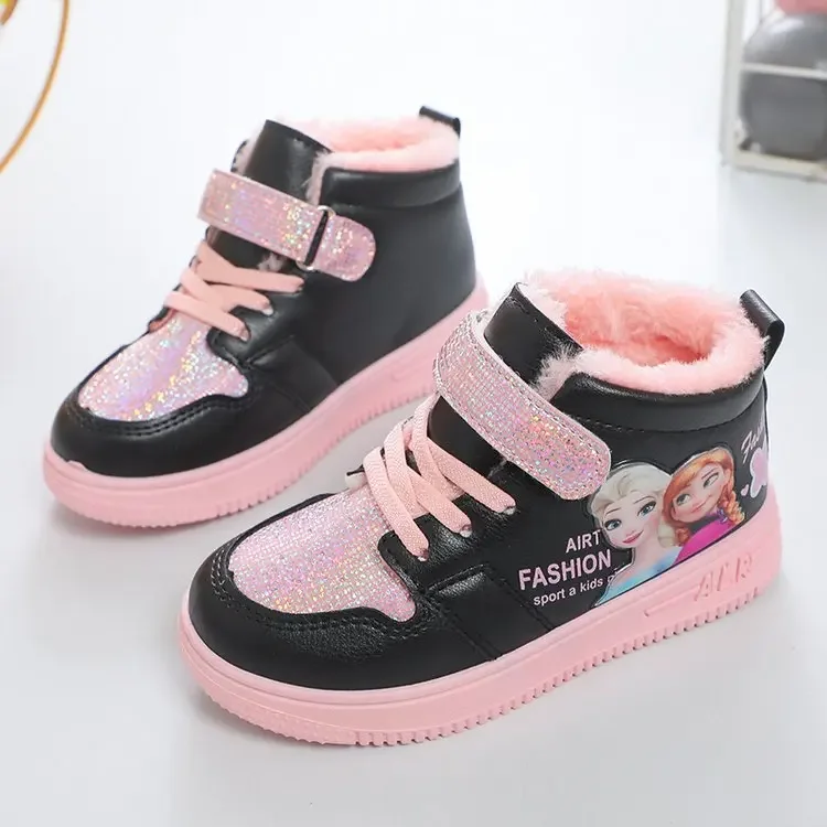 Disney Children's Casual Shoes Frozen Elsa Anna Girls Sports Sneakers Winter Warm Plush Cotton Shoes Student Sneakers Size 26-37