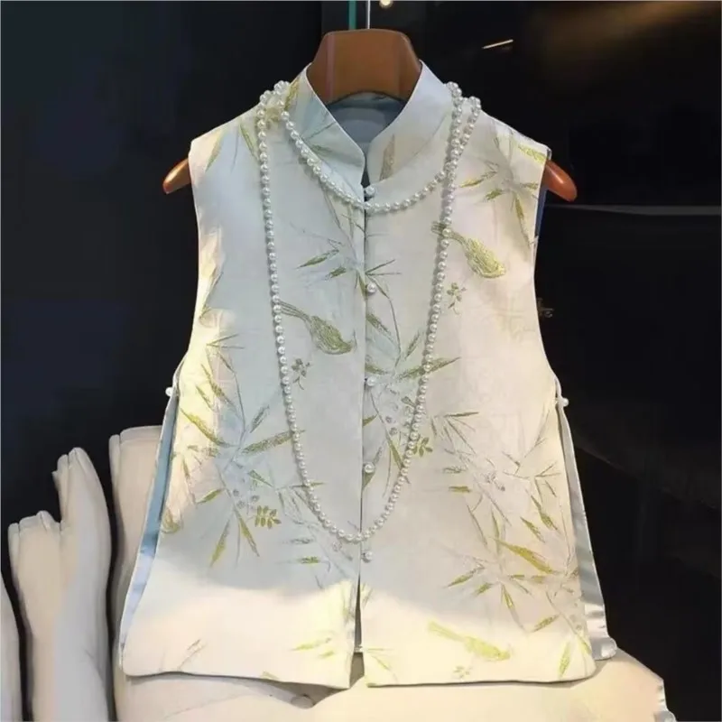 

2023 Chinese Style Women Vintage Vest Oriental Ethnic Style Vest Stand Collar Plate Button Top Tang Suit Qipao Top Clothes