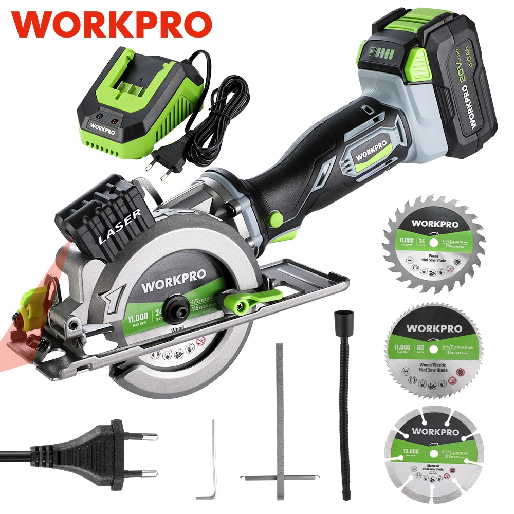 WORKPRO 20V Cordless Electric Circular Saw With Laser For Wood Ceramic Tile 115 mm Saw Blade 710W Electric Circular Saw No Laser mini circular saw 4 8 amp 4 1 2 inch compact circular saw 3700rpm electric circular saws with laser cutting guide for wood tile and plastic cuts grey eu