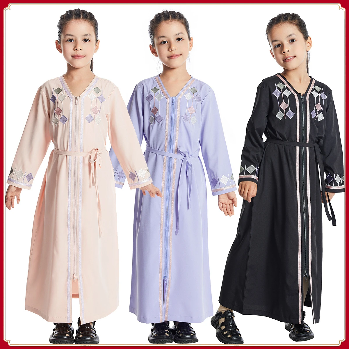 Muslim Islamic Girls Ramadan Embroidery Abaya Dress Children Long Sleeve Kaftan Gown Arab Prayer Robe Turkish Kids Clothing