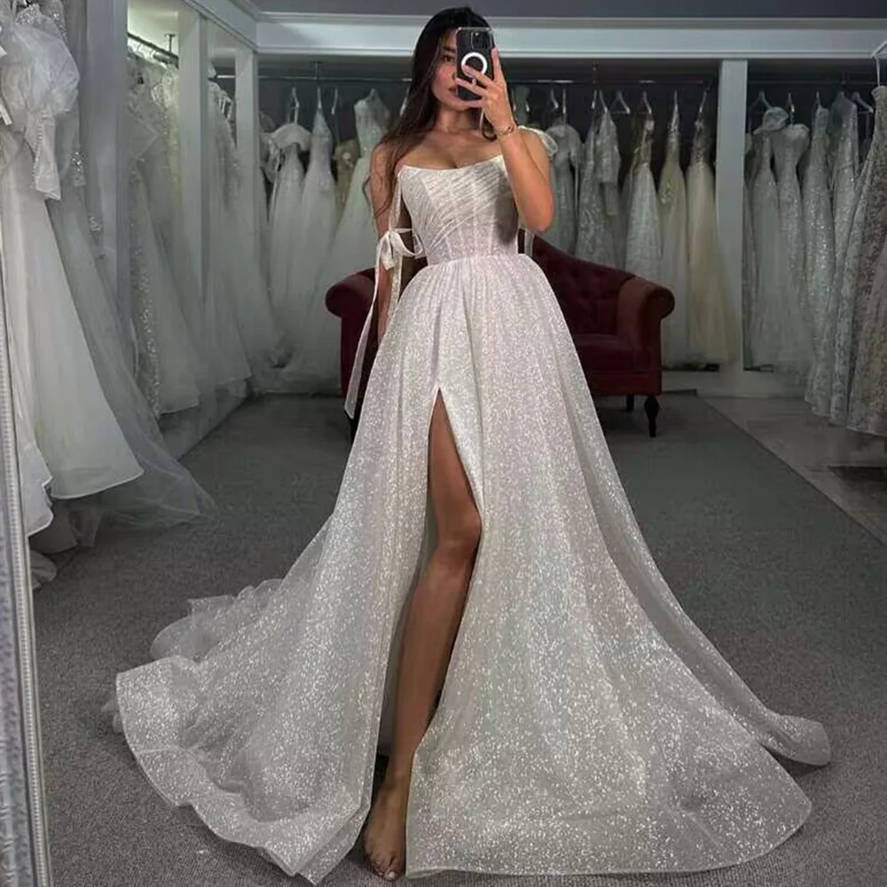 

Shiny Glitter Wedding Dresses Sexy Vestido de Noivas Split Side Wedding Gowns Strapless Straps Elegant Beach Bridal Dress Boho