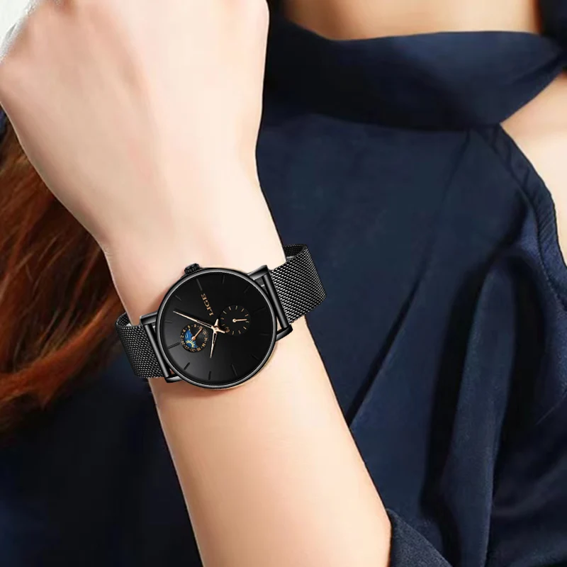 LIGE Women Watches Top Brand Luxury Watch For Women's Simple Quartz Clock Waterproof Watches Sun Moon Phase reloj mujer Gifts