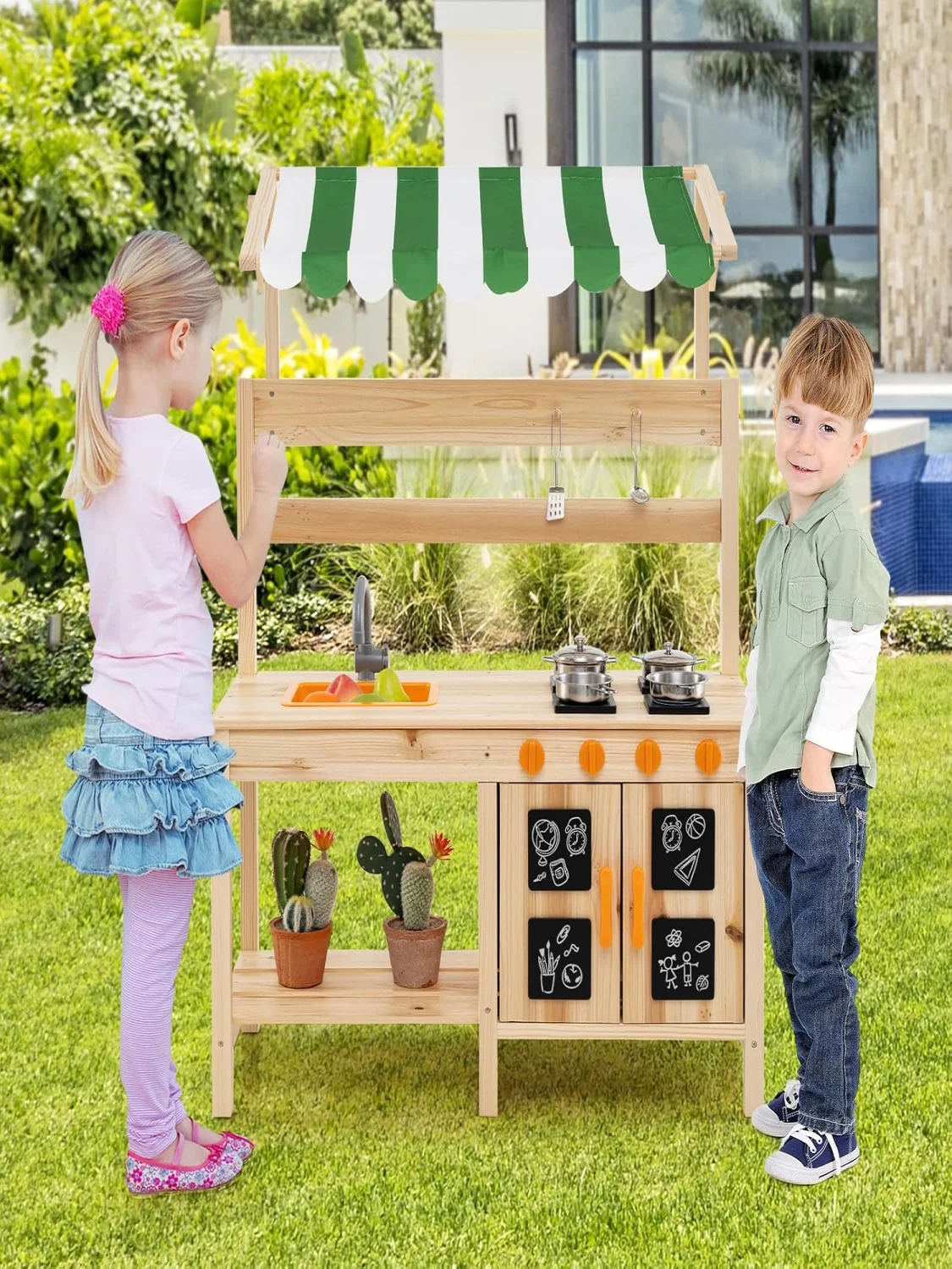 Schlammküche für Kinder im Freien, Tannenholz mit Baldachin und abnehmbarem Waschbecken, 4 Kochfeldern und Brettern, für Kinder ab 3 Jahren – Detail 1