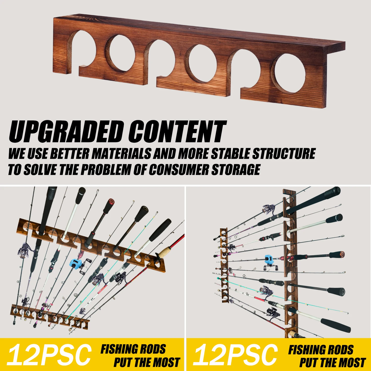 SAMOLLA 2set 12 Rod Capacity Fishing Rod Rack Anti Corrosion Solid Wood Fishing Gear Pole Racks Wall
