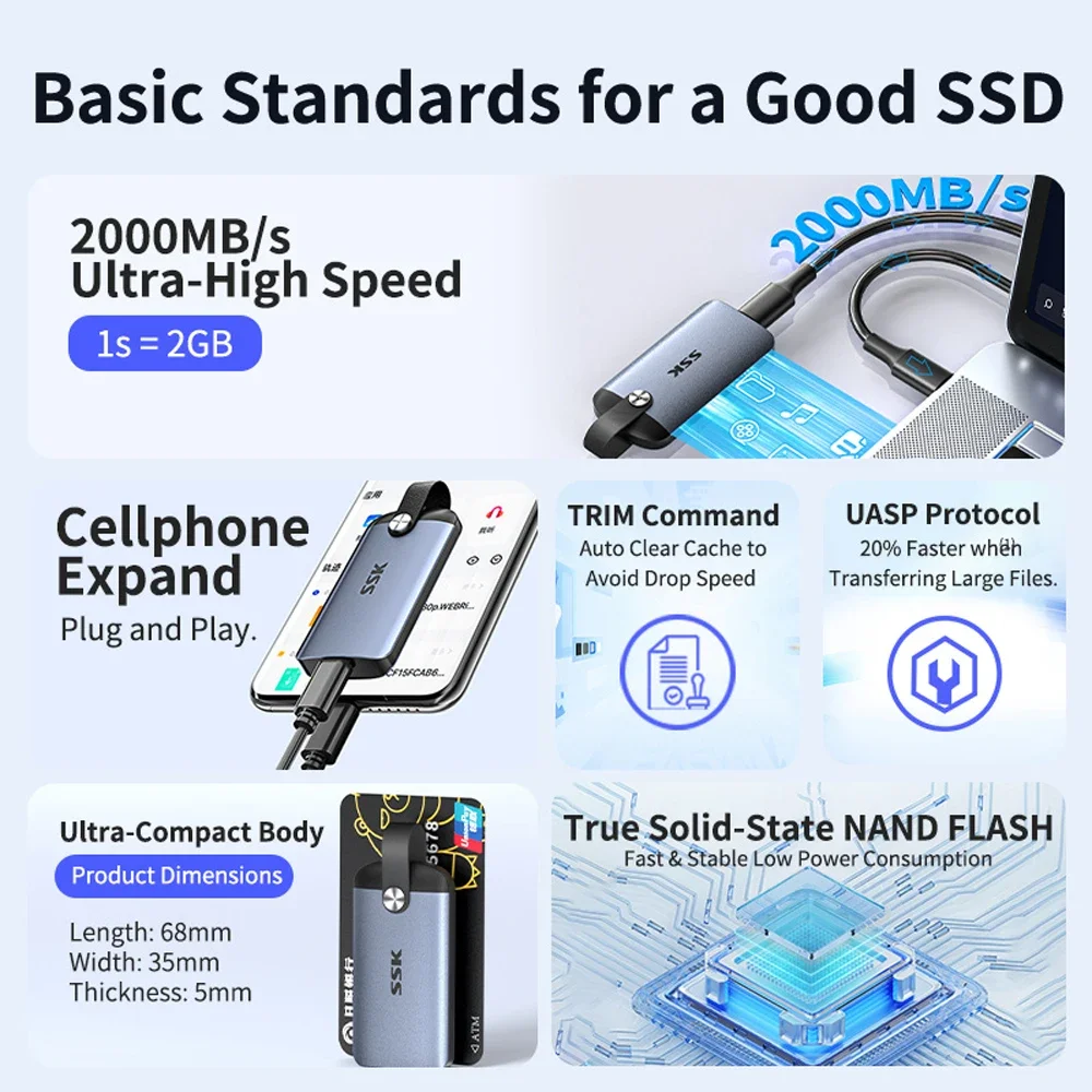 SSK SSD 1TB 휴대용 외장 SSD 외장 하드 디스크 SSD 외장 솔리드 스테이트 드라이브 2000MB/s 타입-C 외장 하드 드라이브 (노트북용)