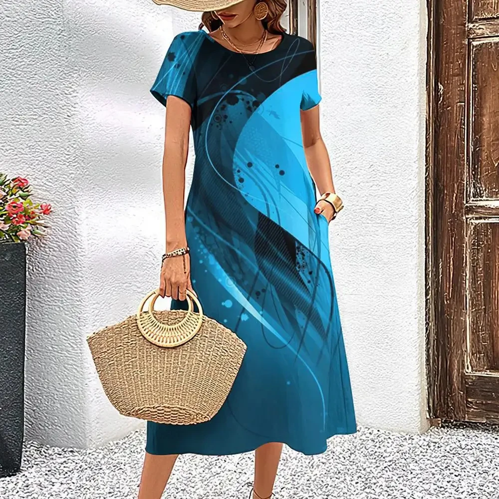 thumbnail image 1 of Vestido elegante de verano para mujer, de manga corta, con estampado de rayas, falda holgada de corte A, cuello redondo informal, 1 of 2