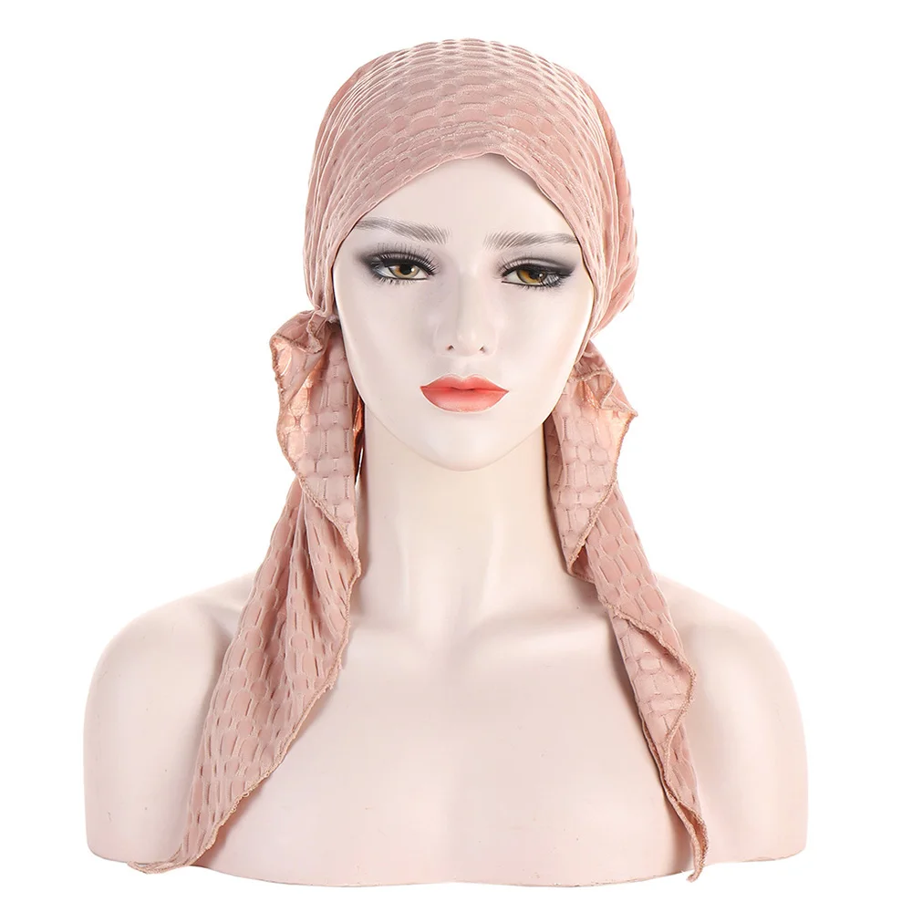 

Headscarf Muslim Women Pre-Tied Scarf Solid Color Chemo Beanies Bonnet Caps Turban Hat Headwear Wrap Cancer Bandanas Long Tail