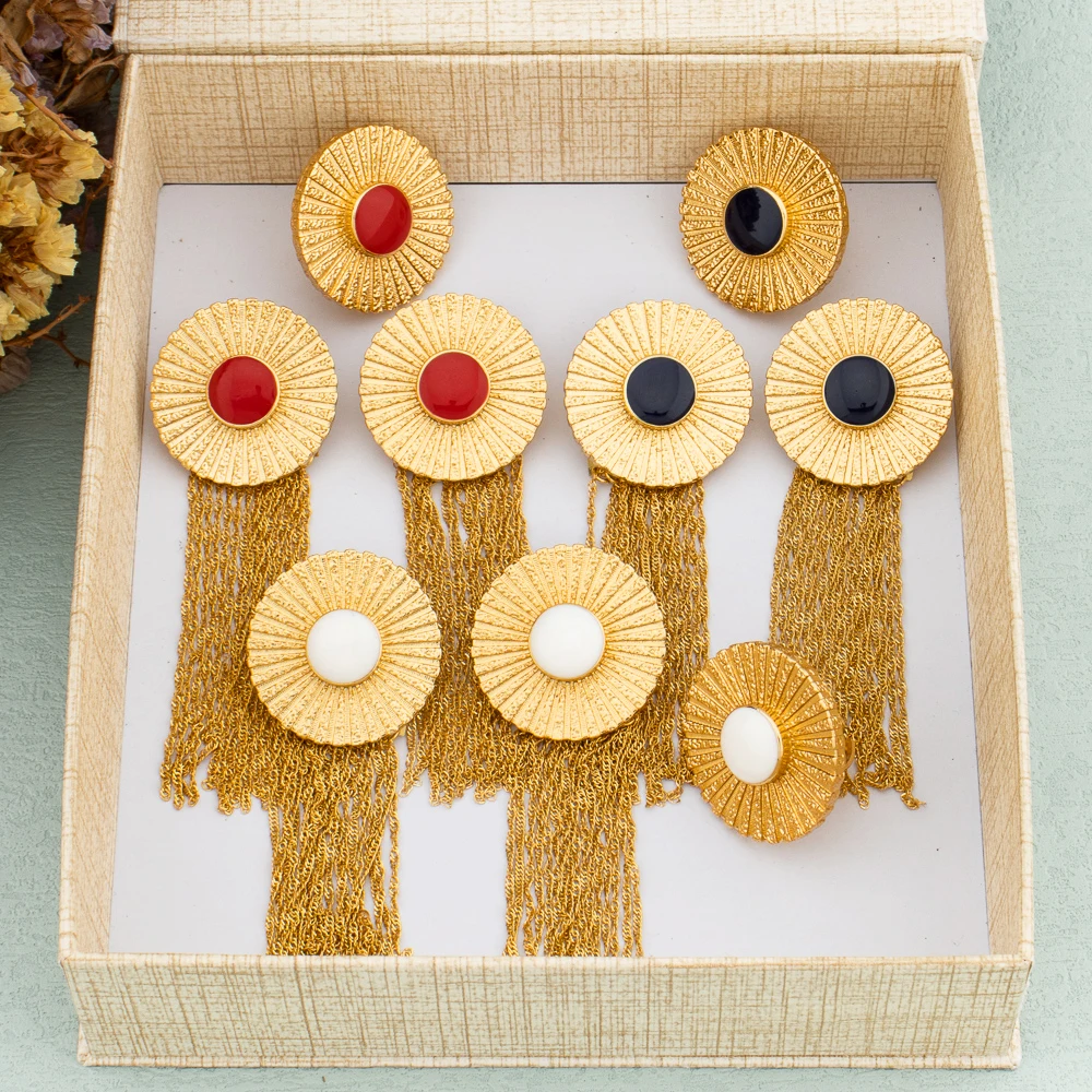 

Luxury Tassel Earrings and Ring Set for Women Dubai Gold Color Jewelry Set Black and Red Bead Earrings African Italy Jewelry