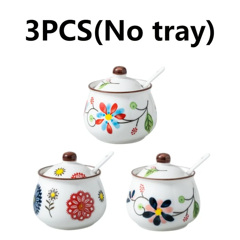 3pcs Hand-Painted Ceramic Salt & Sugar Jars Suitable Storage, Lidded Spoons Included with Underglaze Containers, Decorative Cond 3