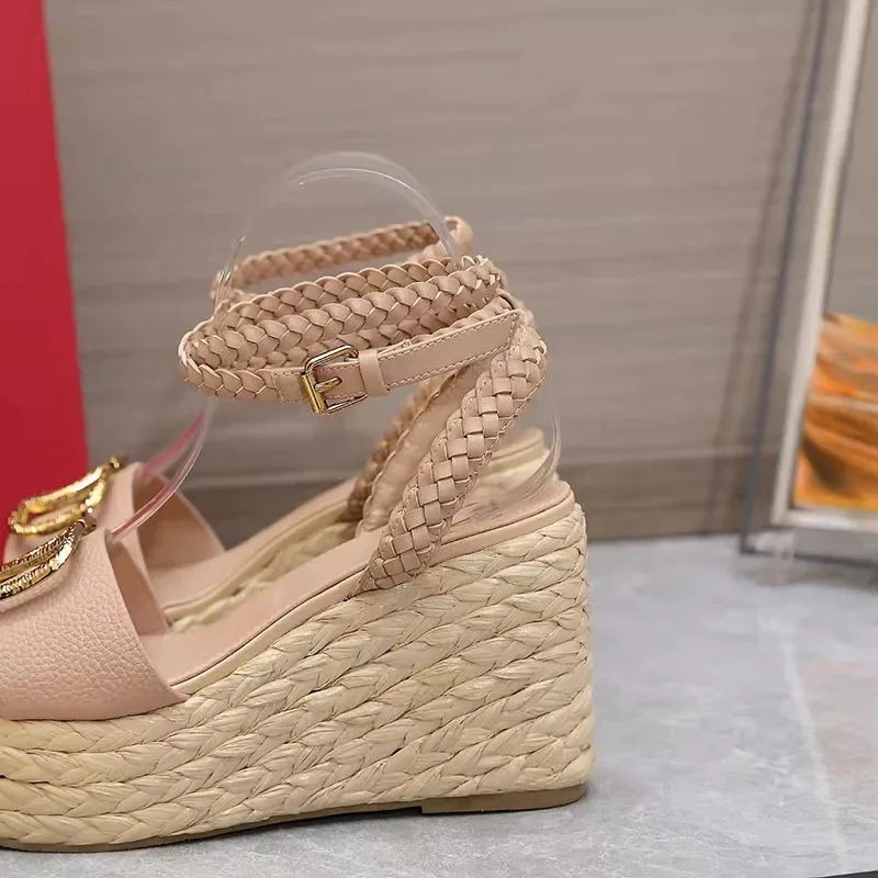 

Platform Wedge Sandals Women's 2022 Fashion Straw Sole Fisherman's Shoes Leather Braided Ankle Buckle Design Heels