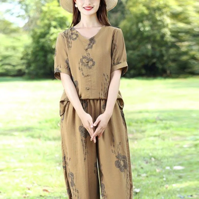 2024 New Women's Summer V-neck Button Print Style Casual Versatile Short Sleeve Loose Elastic Waist Cotton Hemp Pants Suit