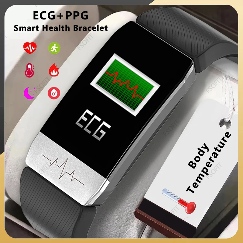 체온 측정 스마트 팔찌, ECG 및 PPG 심박수 압력 모니터 시계, 일기 예보 밴드, 음료 알림 스마트워치 