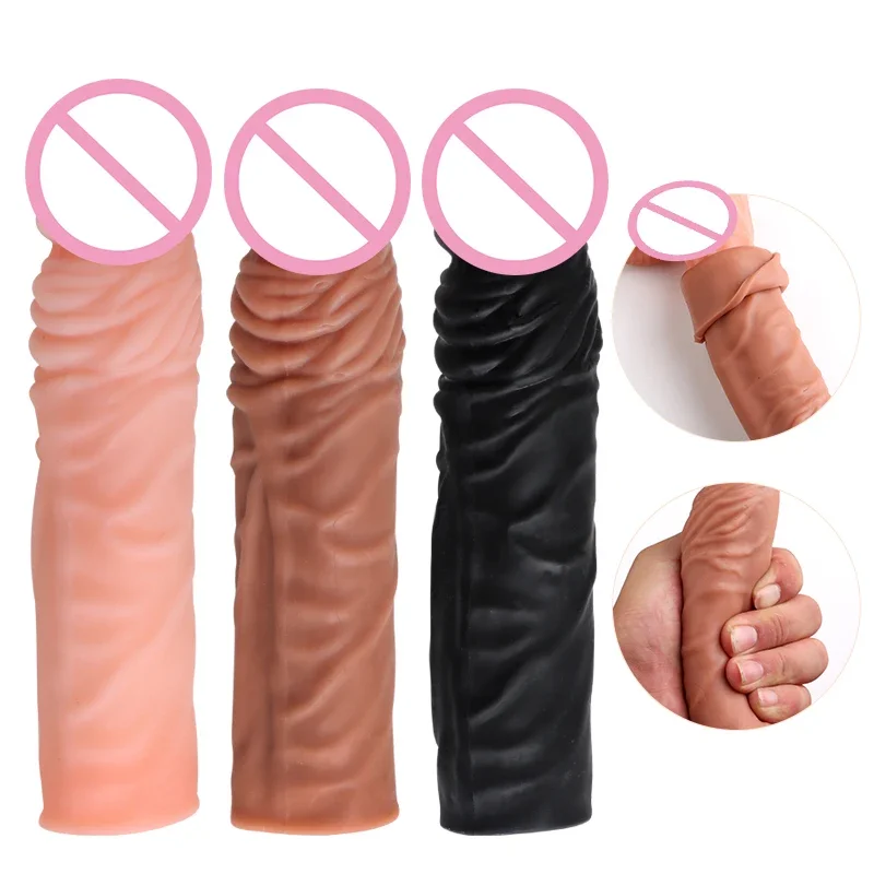 Realistic Penis Sleeve Extender Reusable Condoms Silicone Dick Enlarger Sheath Delay Ejaculation Sex Toys for Men 19CM penis sleeve,penis condom